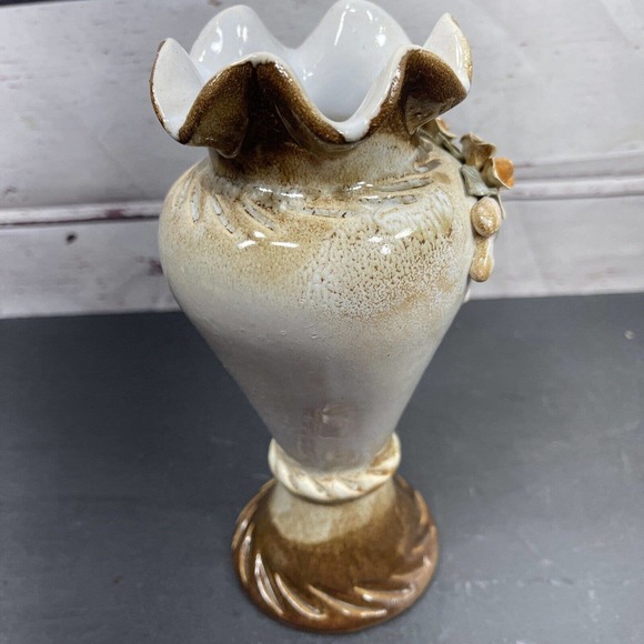 Vintage Studio Art Pottery 8 Inch Vase Applied Leaves Flowers Signed - Picture 4 of 8